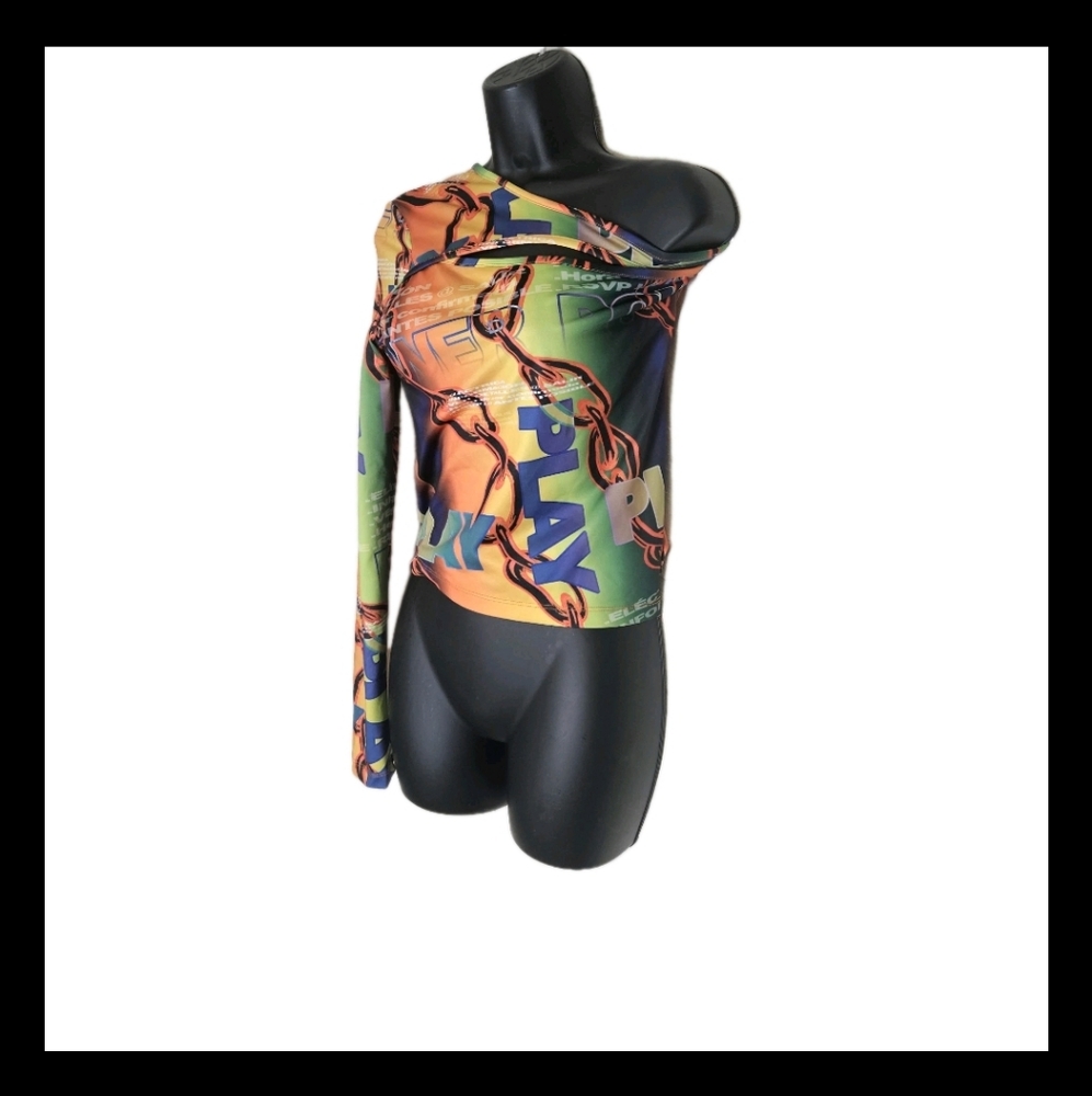 ASYOU Cut Out One Shoulder Asymmetrical Play Electric Multicolored Top Size 12